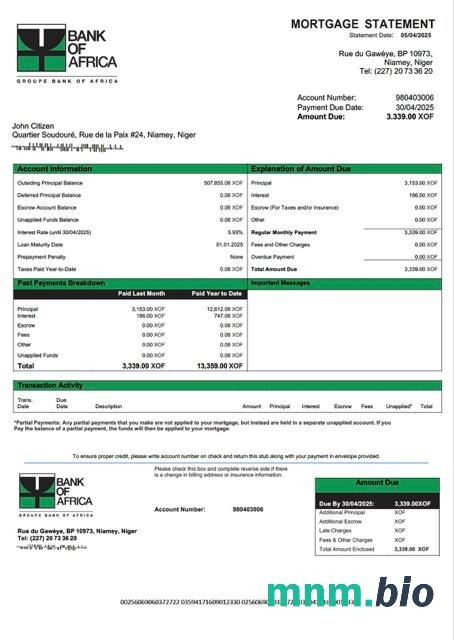 Niger Bank of Africa wyciąg z kredytu hipotecznego szablon Word i PDF